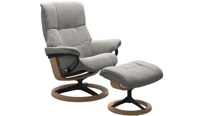 Stressless Mayfair Recliner with Signature Base and Stool in Begonia Light Grey Fabric